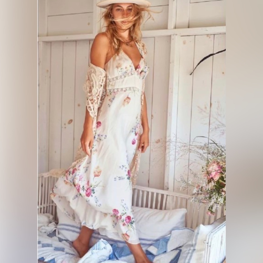 LoveShackFancy Sabina Lace Trimmed Floral Silk Dress In Natural Cream